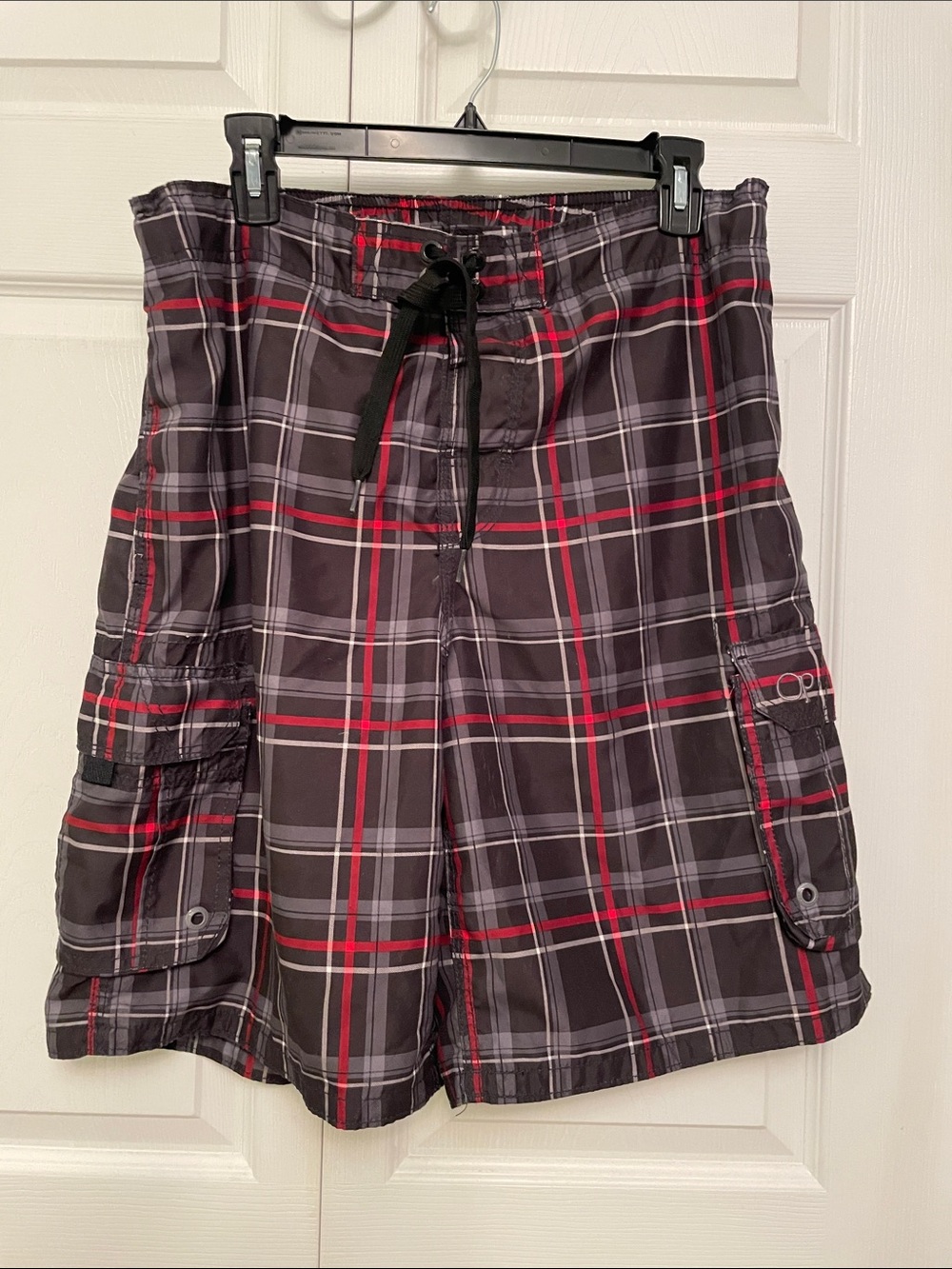Ocean Pacific Men’s Cargo Swim Trunks Board Shorts Medium Plaid Lined 5 Pockets